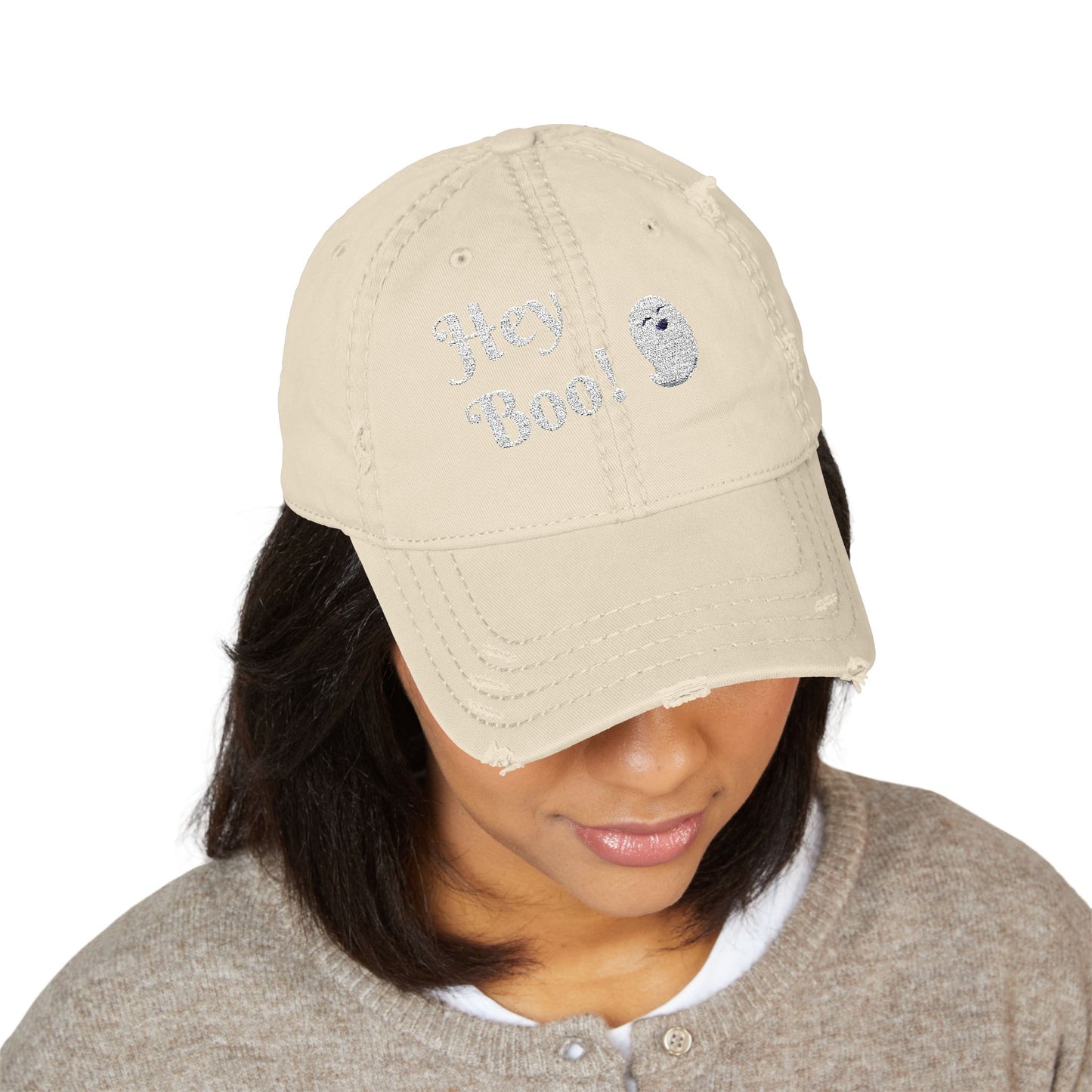 Embroidered Distressed Hat - Hey Boo Cute Ghost Halloween Hat