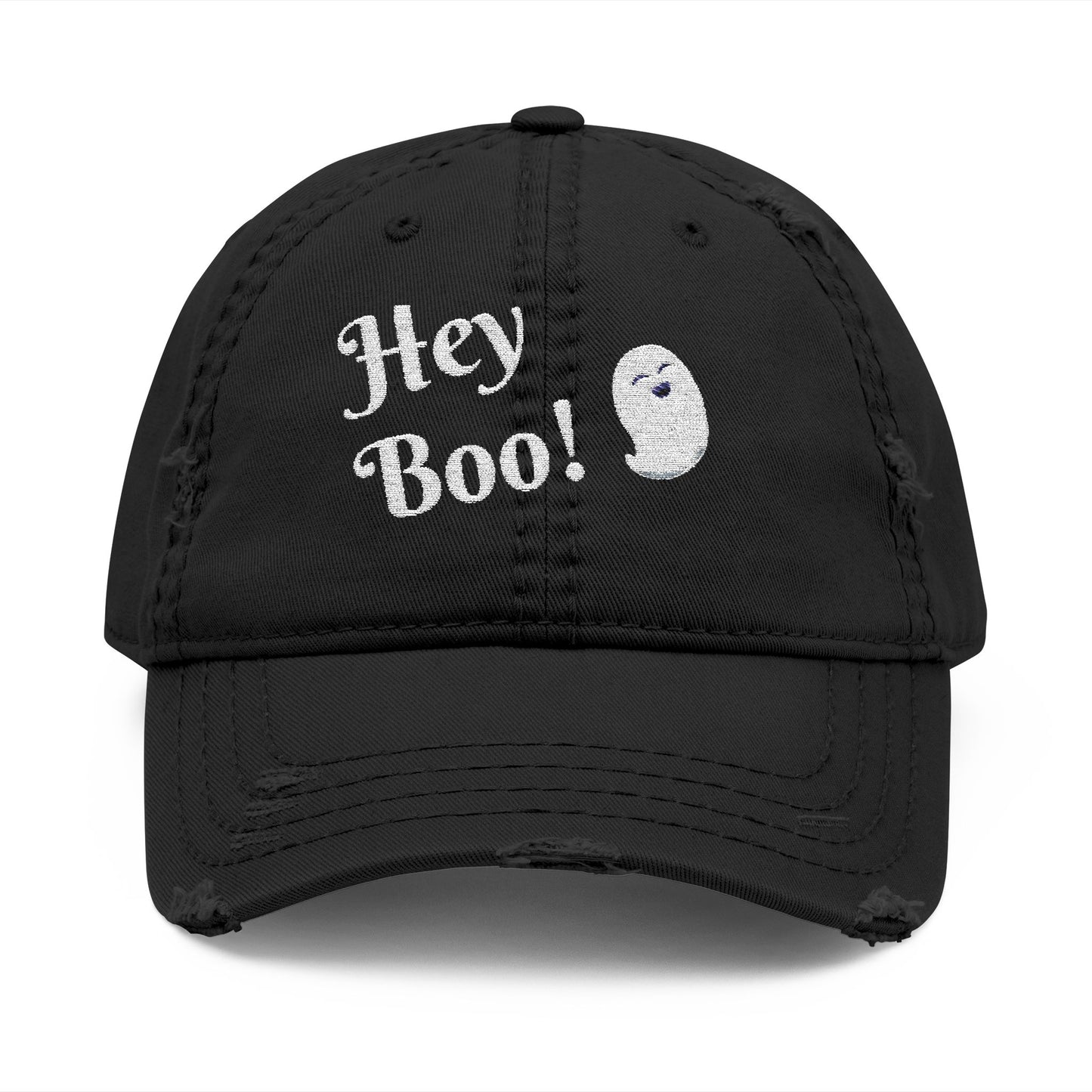 Embroidered Distressed Hat - Hey Boo Cute Ghost Halloween Hat