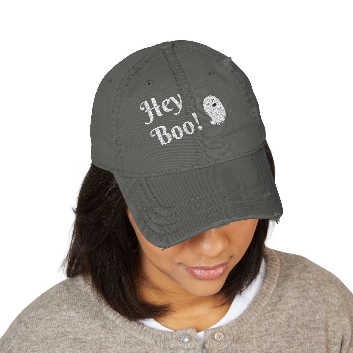 Embroidered Distressed Hat - Hey Boo Cute Ghost Halloween Hat