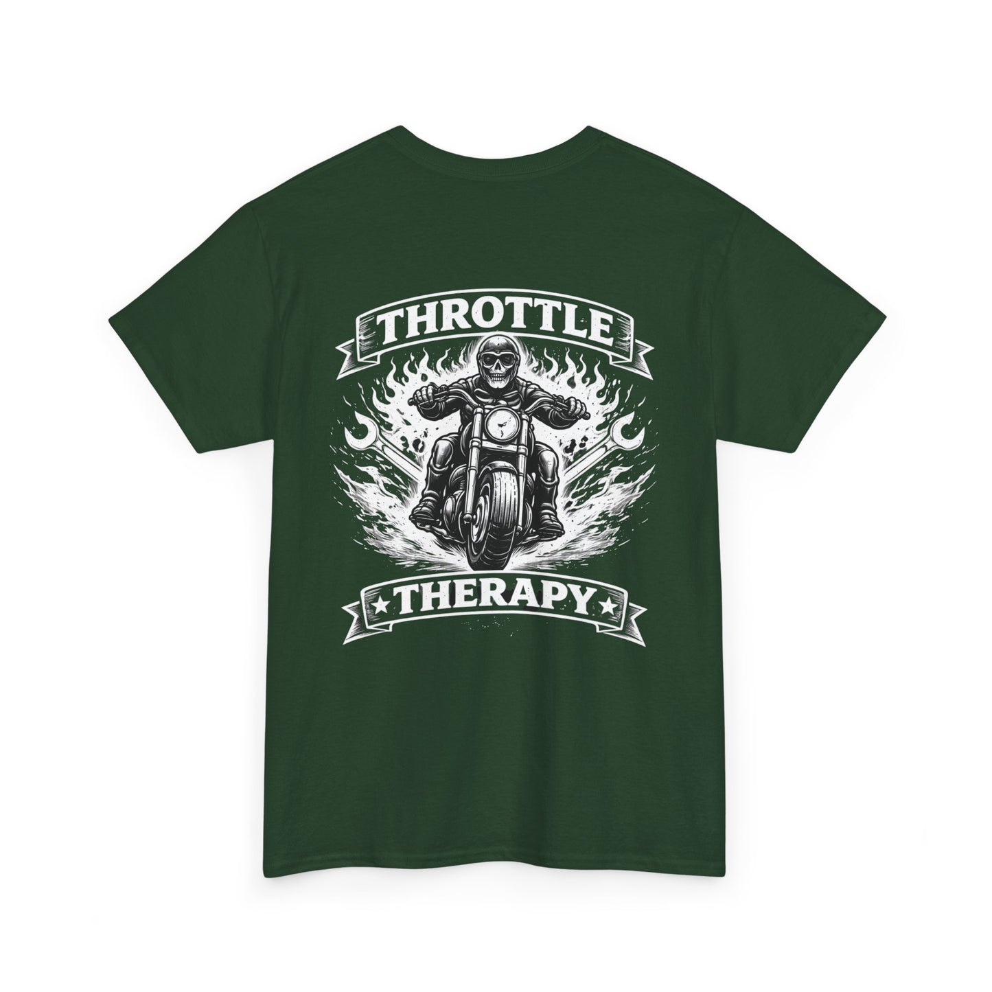 Throttle Therapy Motorcycle T-Shirt — Biker Riding Through Flames Graphic Tee