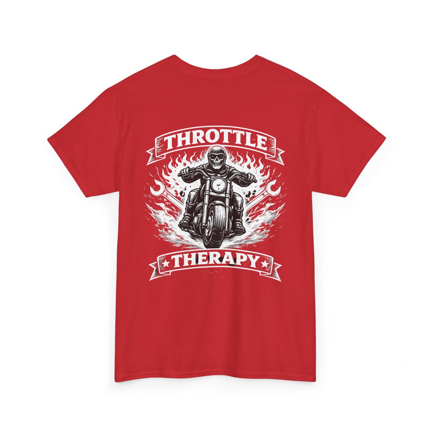 Throttle Therapy Motorcycle T-Shirt — Biker Riding Through Flames Graphic Tee