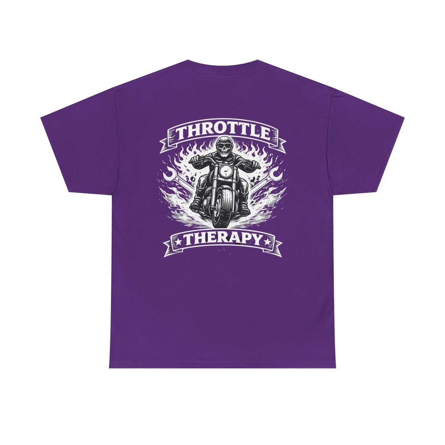 Throttle Therapy Motorcycle T-Shirt — Biker Riding Through Flames Graphic Tee