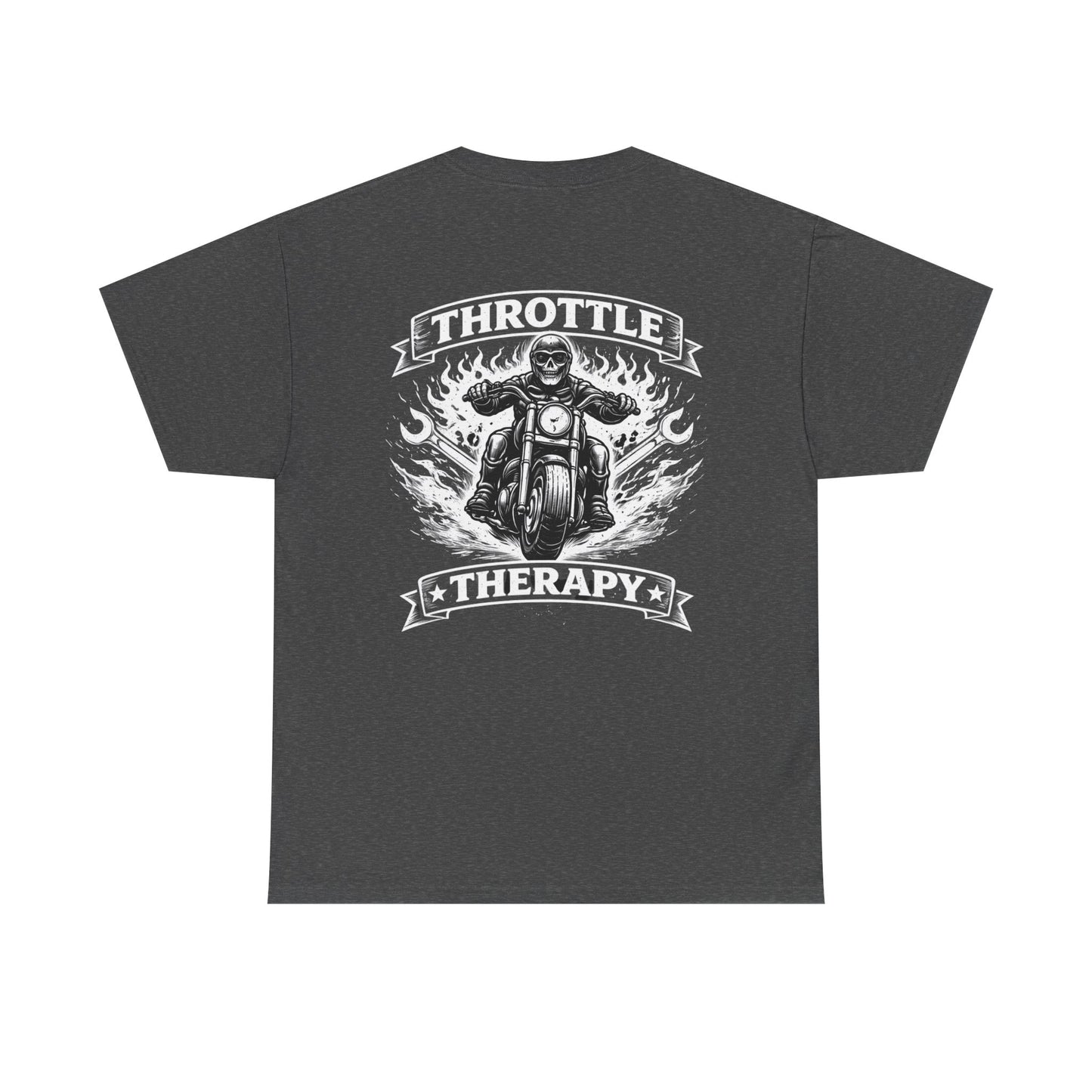 Throttle Therapy Motorcycle T-Shirt — Biker Riding Through Flames Graphic Tee