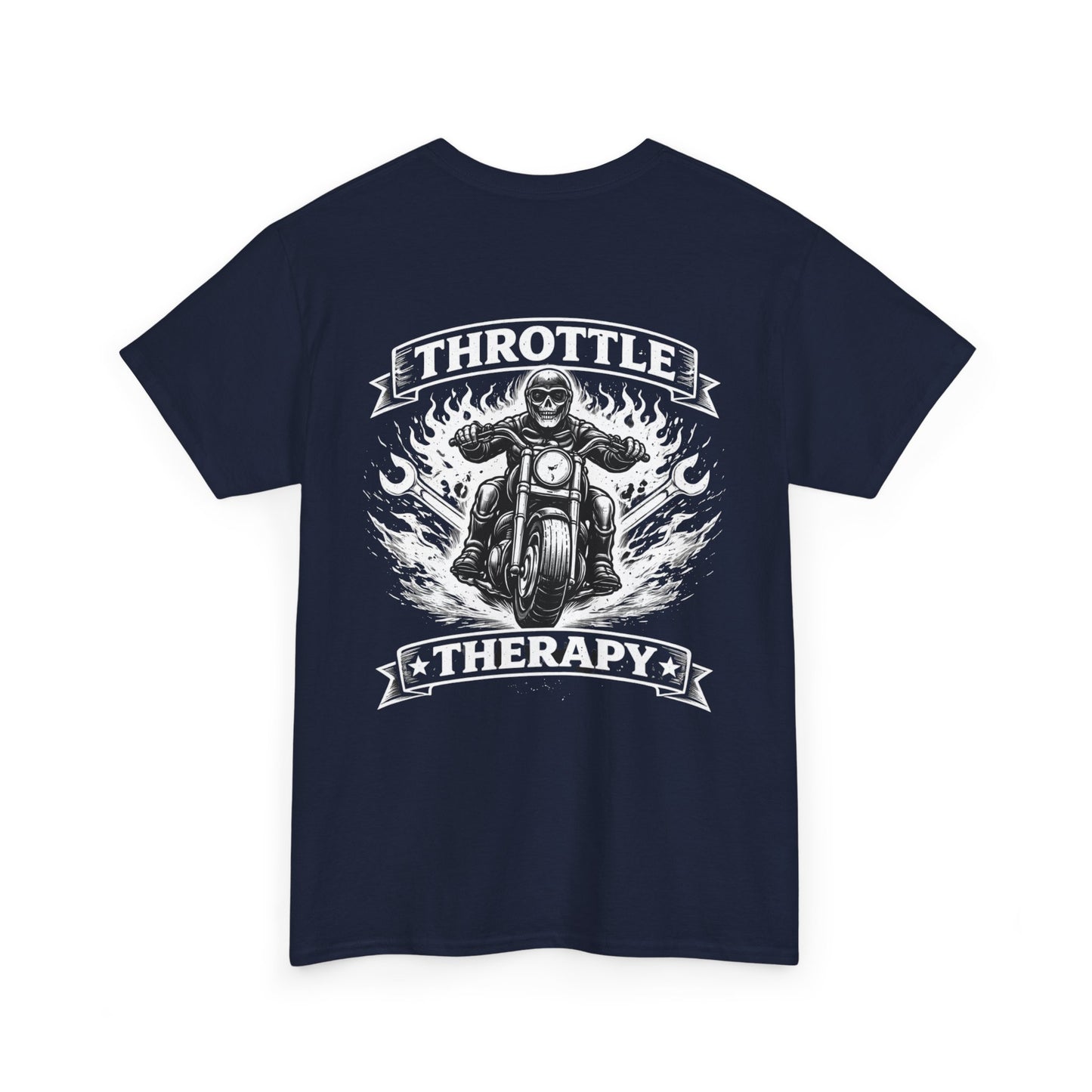 Throttle Therapy Motorcycle T-Shirt — Biker Riding Through Flames Graphic Tee