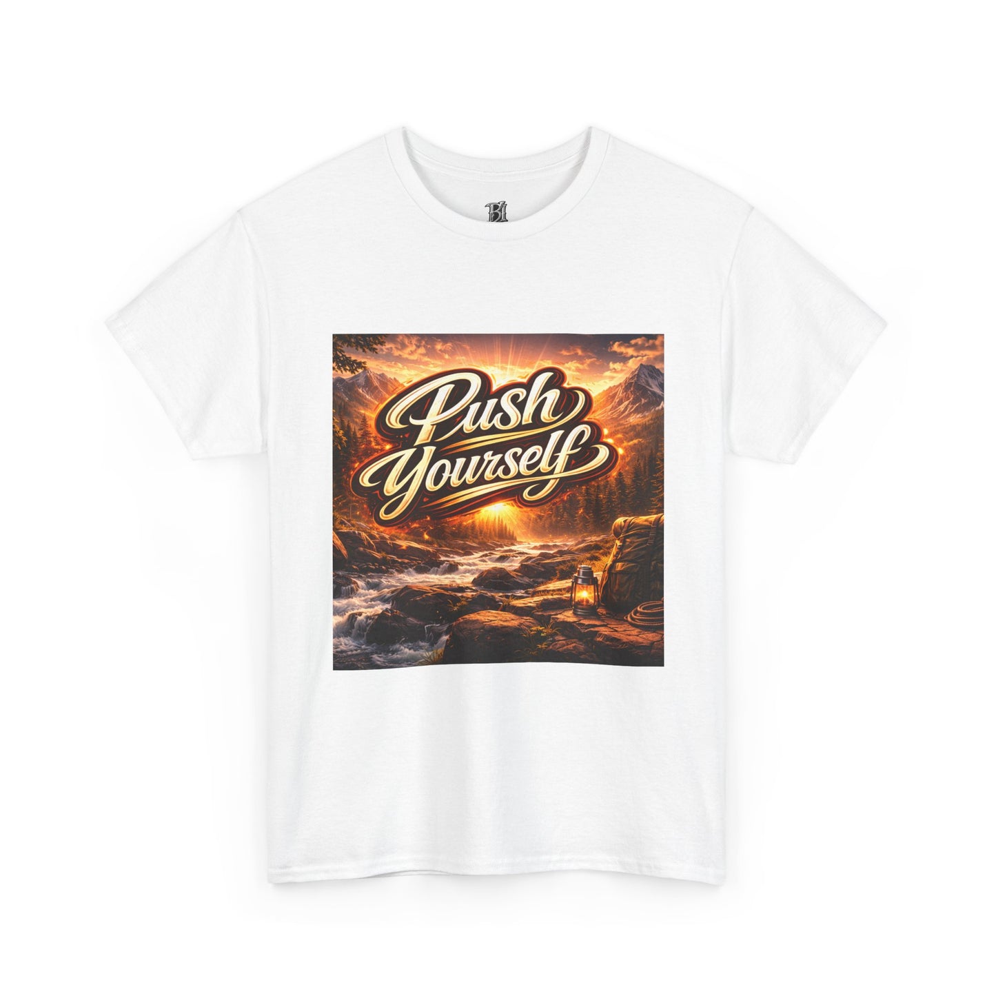 Push Yourself Tee — Motivational Graphic T-Shirt with Sunrise Adventure Print