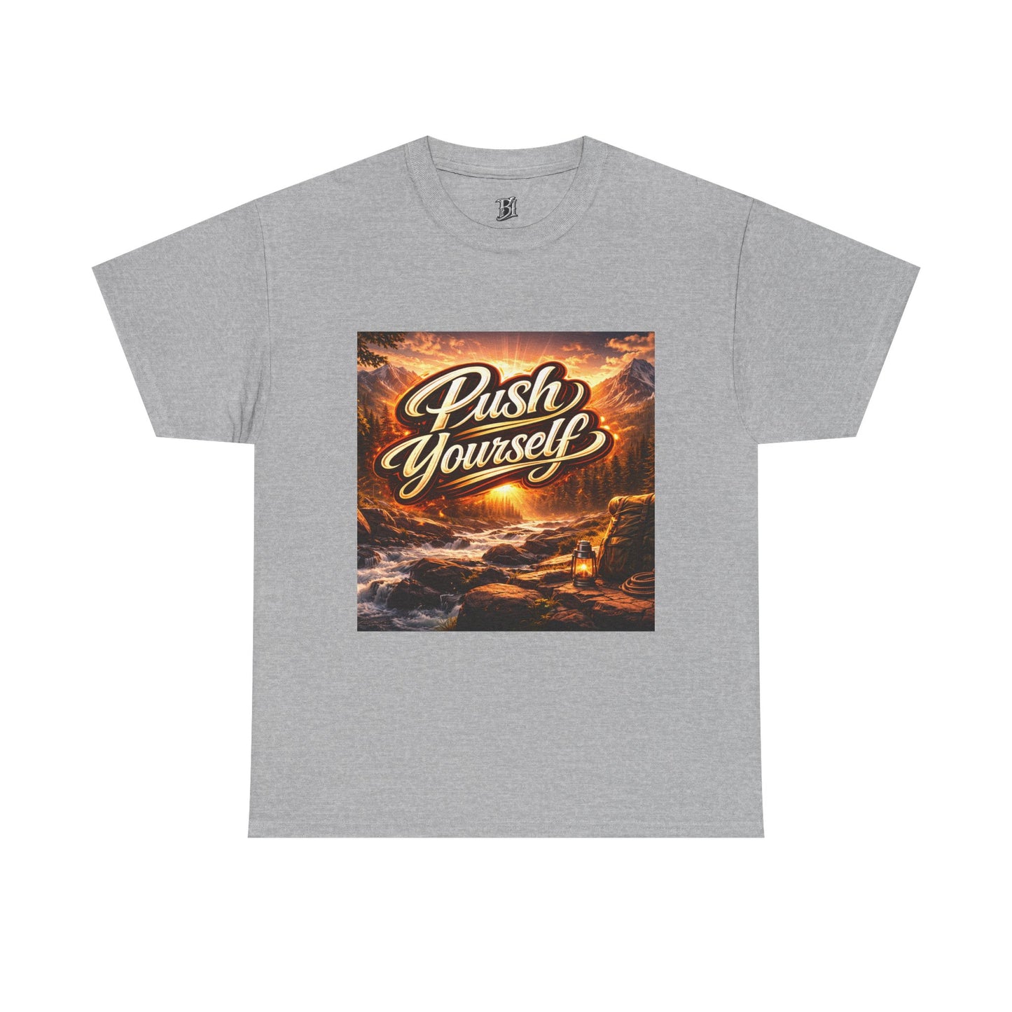 Push Yourself Tee — Motivational Graphic T-Shirt with Sunrise Adventure Print