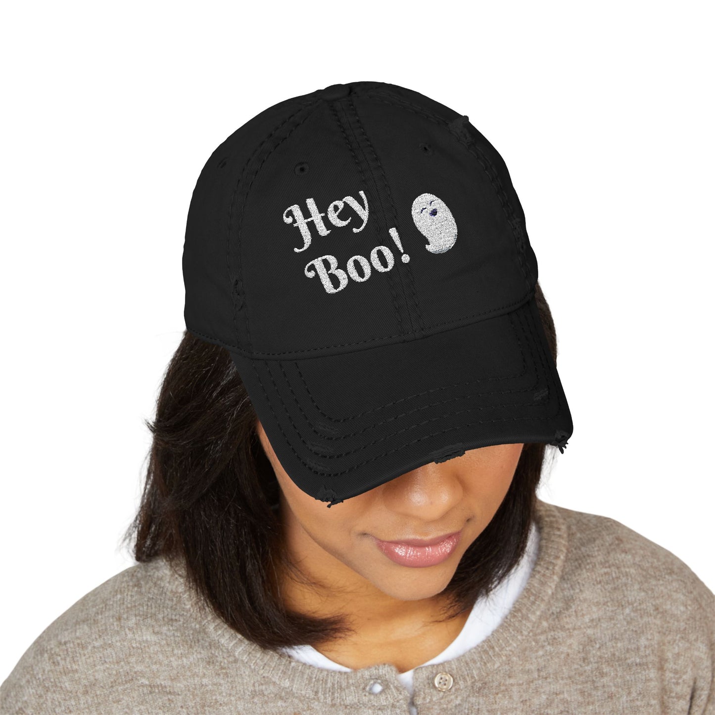 Embroidered Distressed Hat - Hey Boo Cute Ghost Halloween Hat