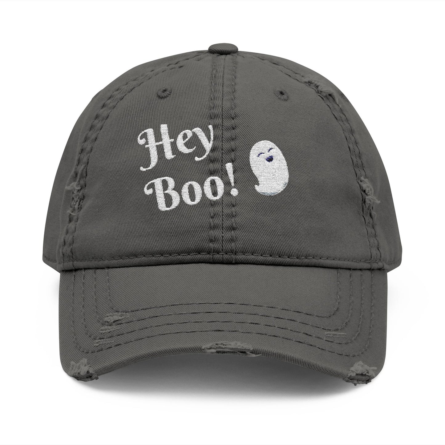Embroidered Distressed Hat - Hey Boo Cute Ghost Halloween Hat