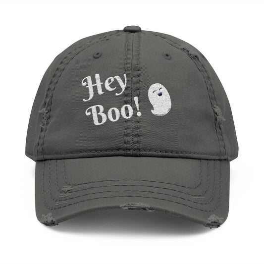 Embroidered Distressed Hat - Hey Boo Cute Ghost Halloween Hat