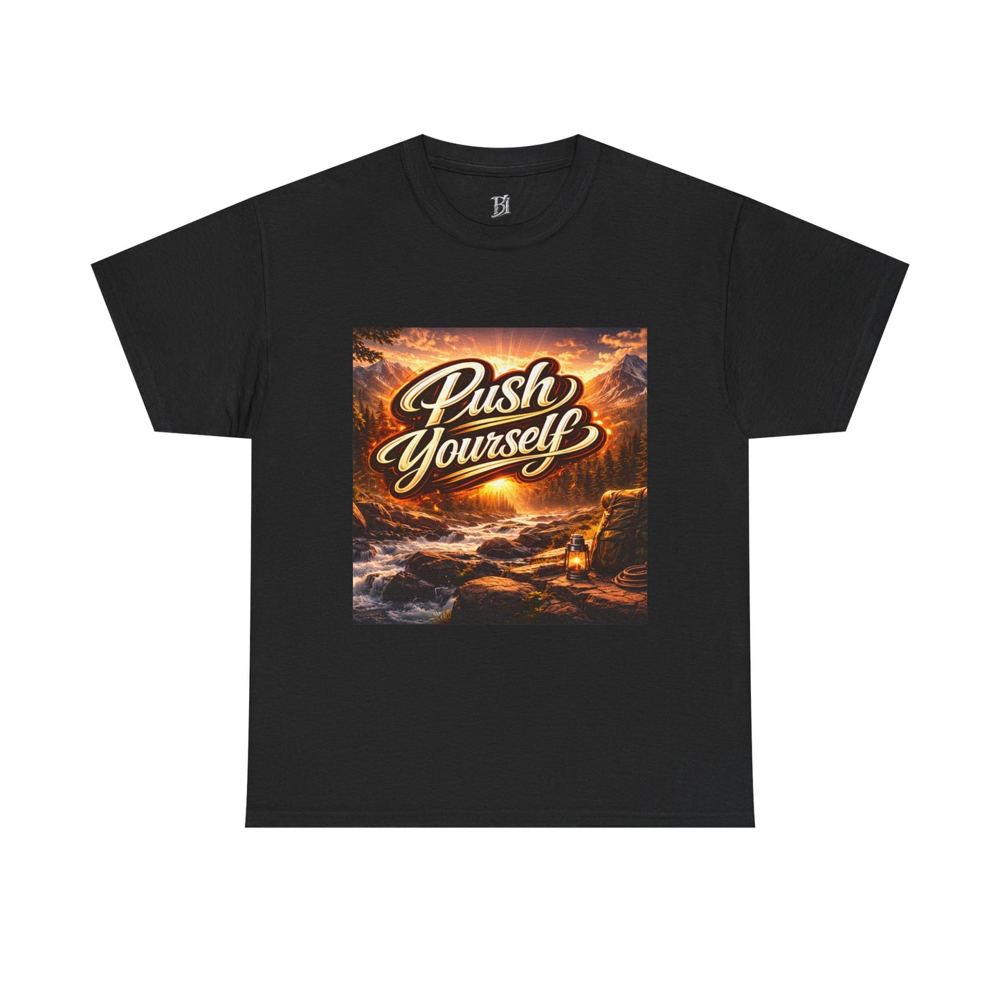 Push Yourself Tee — Motivational Graphic T-Shirt with Sunrise Adventure Print