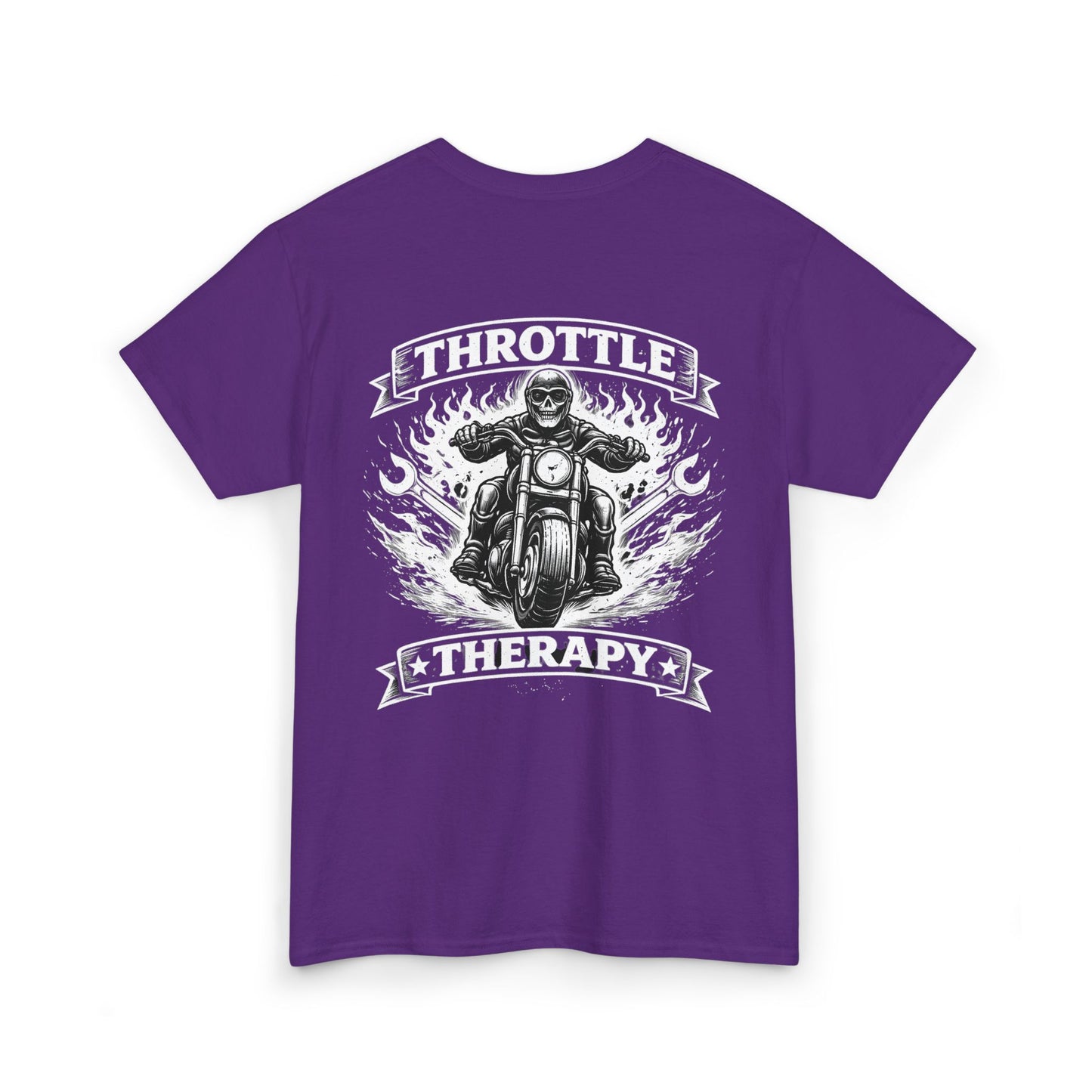 Throttle Therapy Motorcycle T-Shirt — Biker Riding Through Flames Graphic Tee