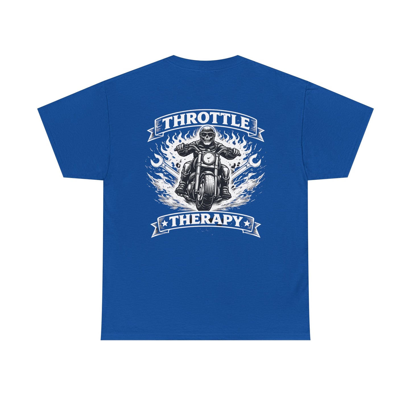 Throttle Therapy Motorcycle T-Shirt — Biker Riding Through Flames Graphic Tee