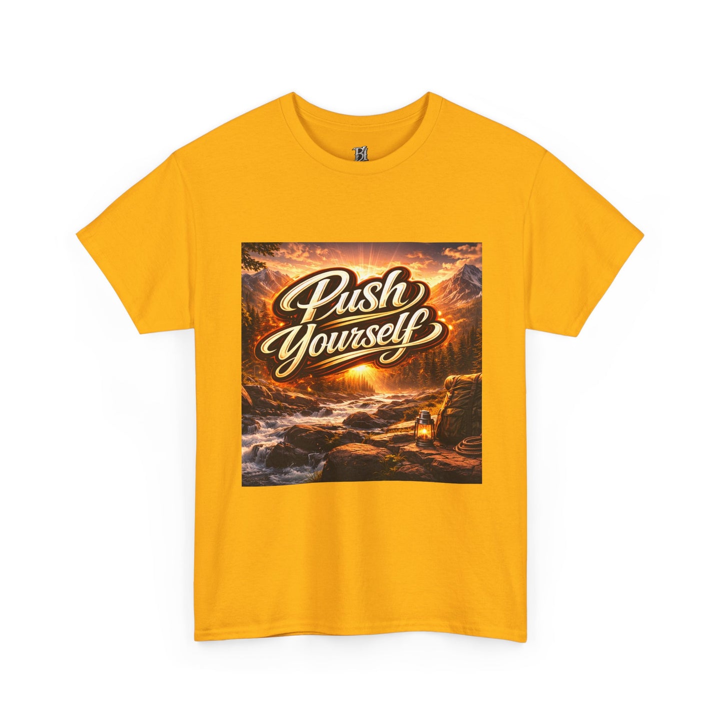 Push Yourself Tee — Motivational Graphic T-Shirt with Sunrise Adventure Print