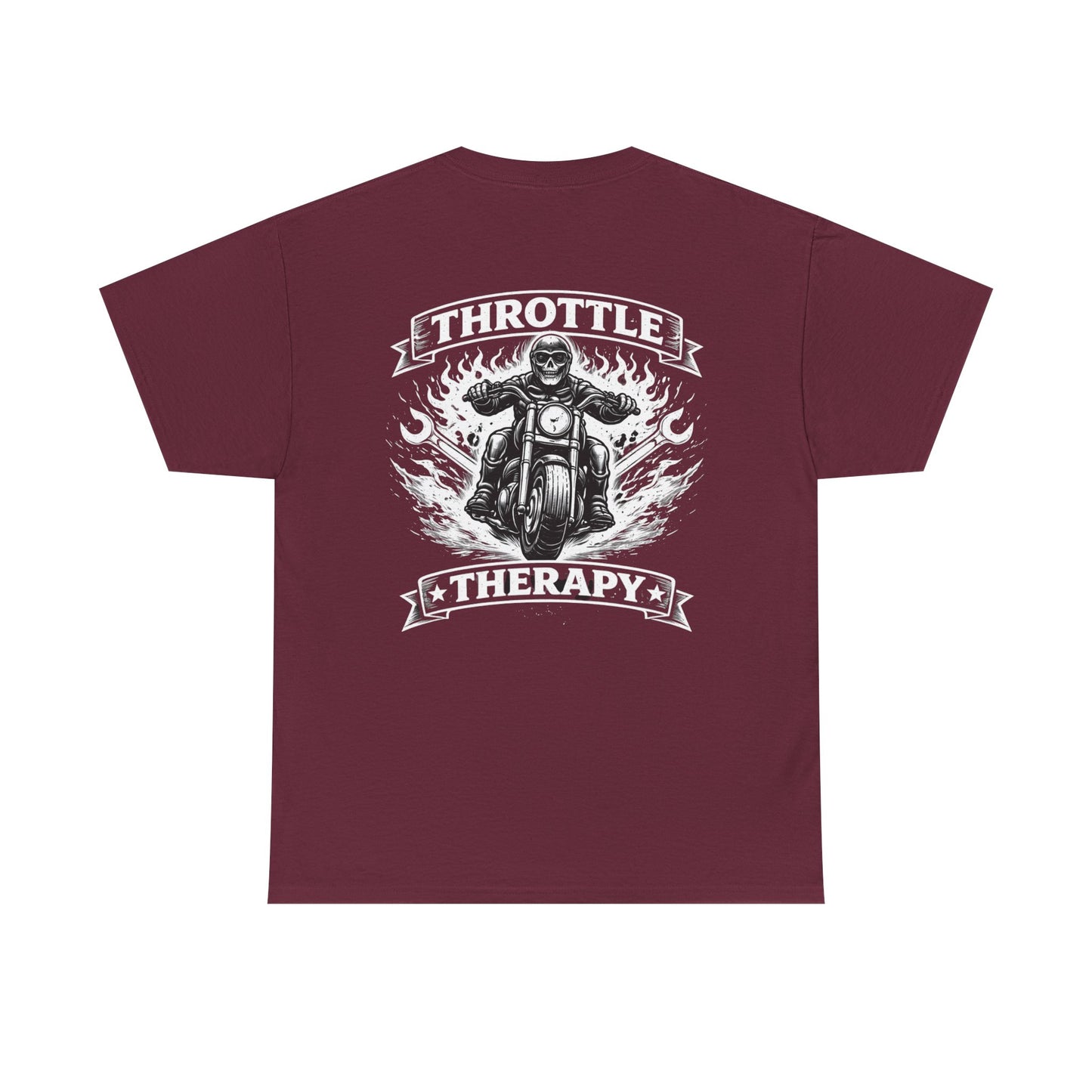 Throttle Therapy Motorcycle T-Shirt — Biker Riding Through Flames Graphic Tee