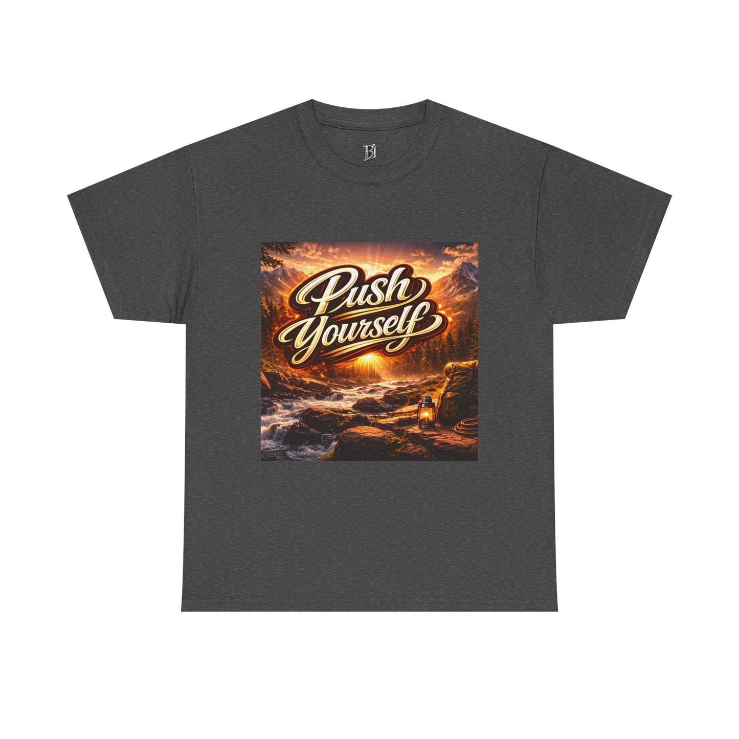 Push Yourself Tee — Motivational Graphic T-Shirt with Sunrise Adventure Print