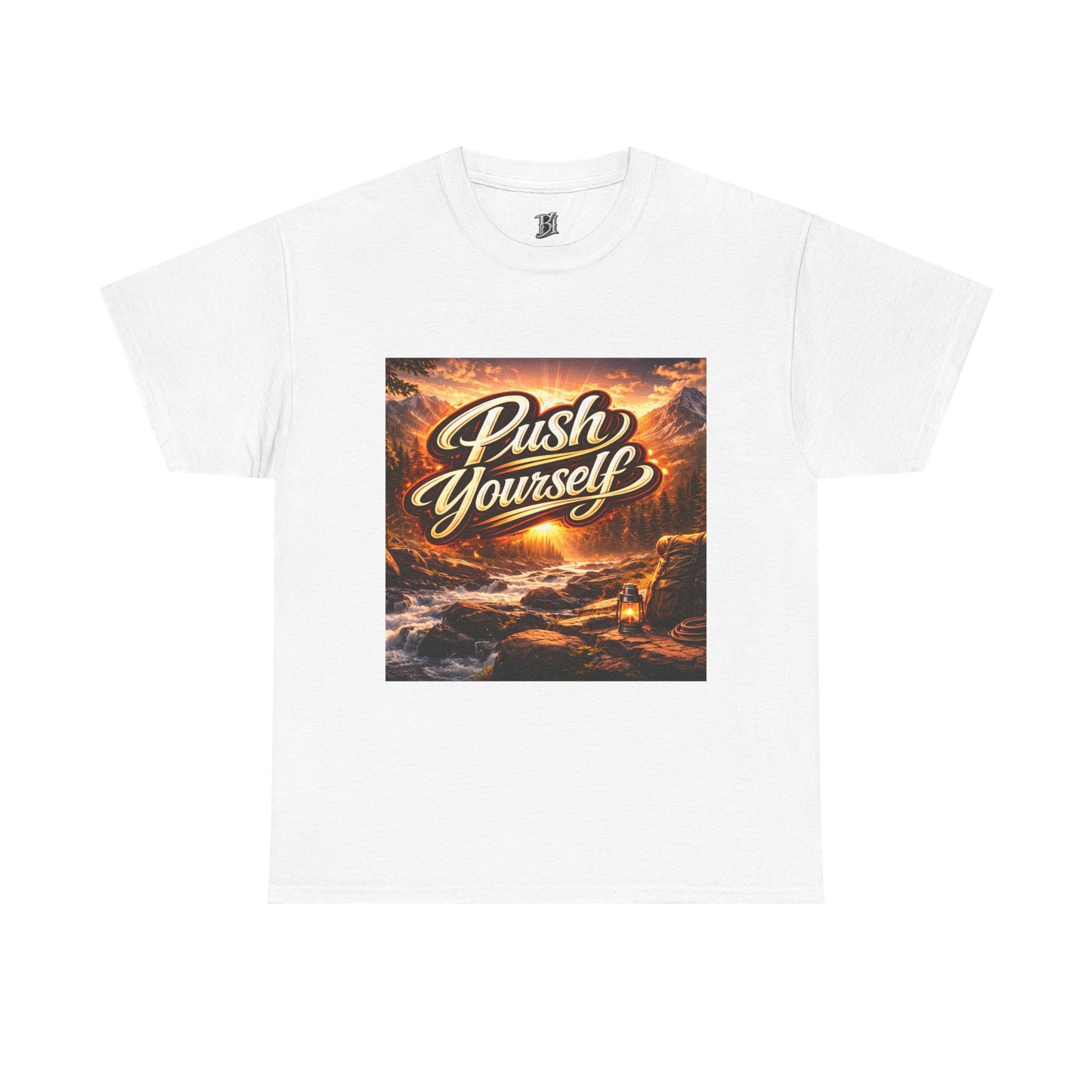 Push Yourself Tee — Motivational Graphic T-Shirt with Sunrise Adventure Print