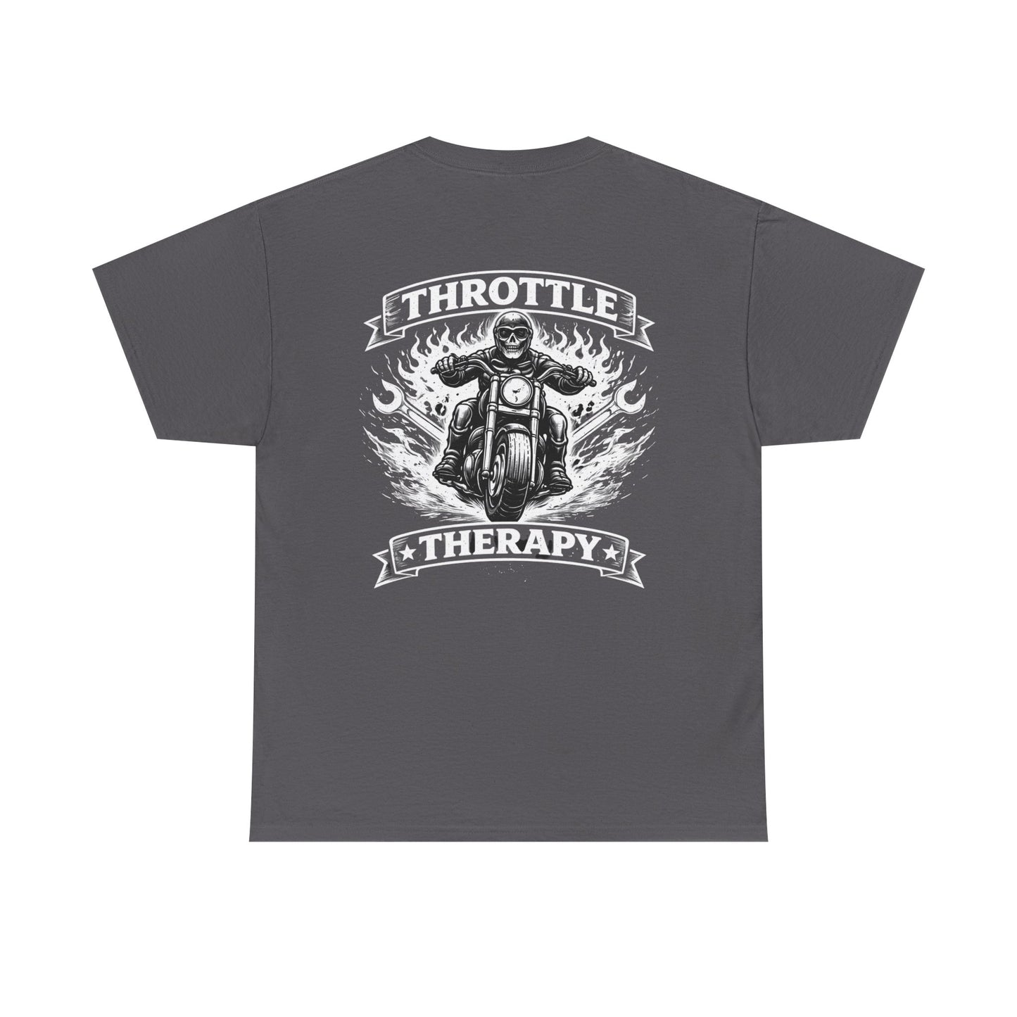 Throttle Therapy Motorcycle T-Shirt — Biker Riding Through Flames Graphic Tee