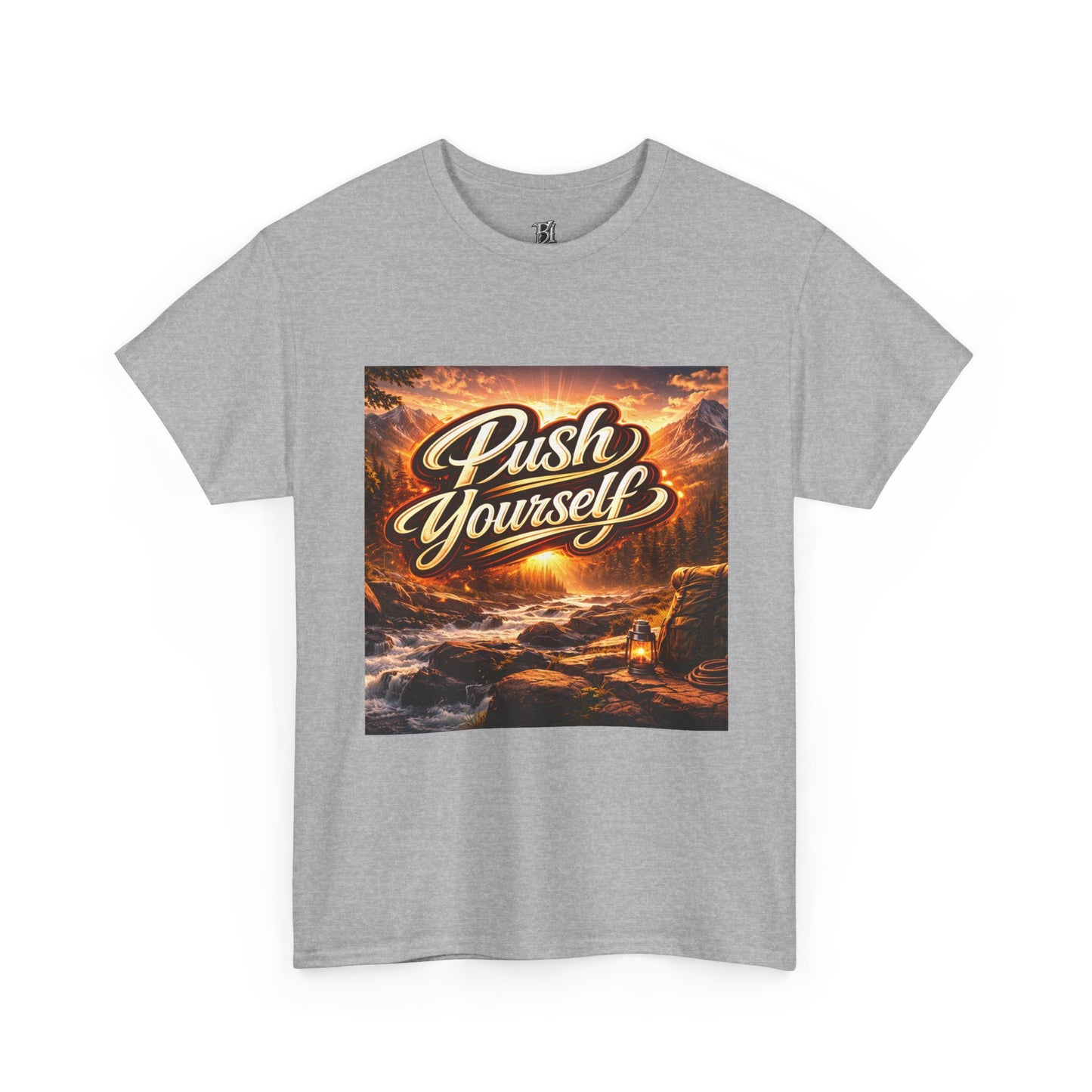 Push Yourself Tee — Motivational Graphic T-Shirt with Sunrise Adventure Print