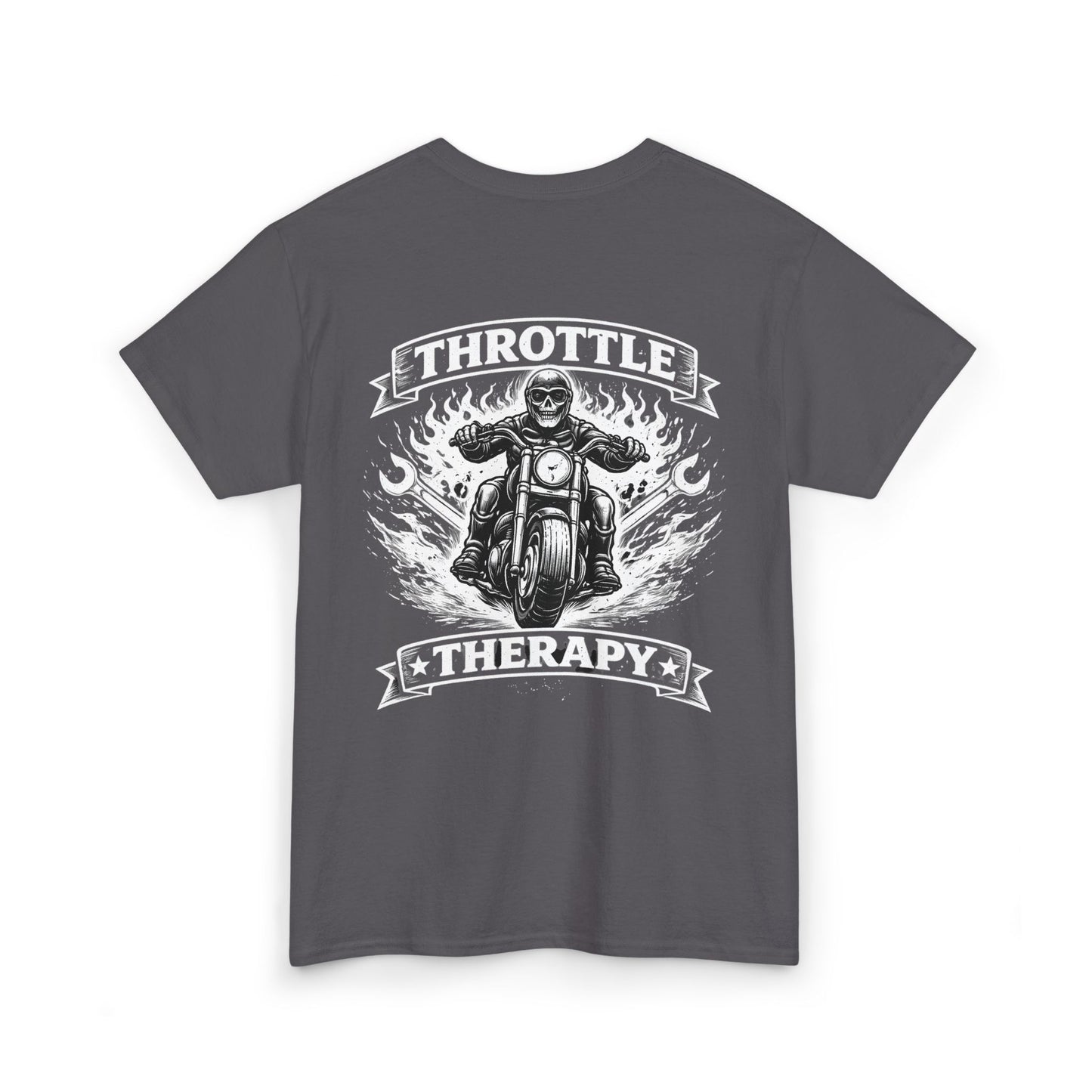 Throttle Therapy Motorcycle T-Shirt — Biker Riding Through Flames Graphic Tee