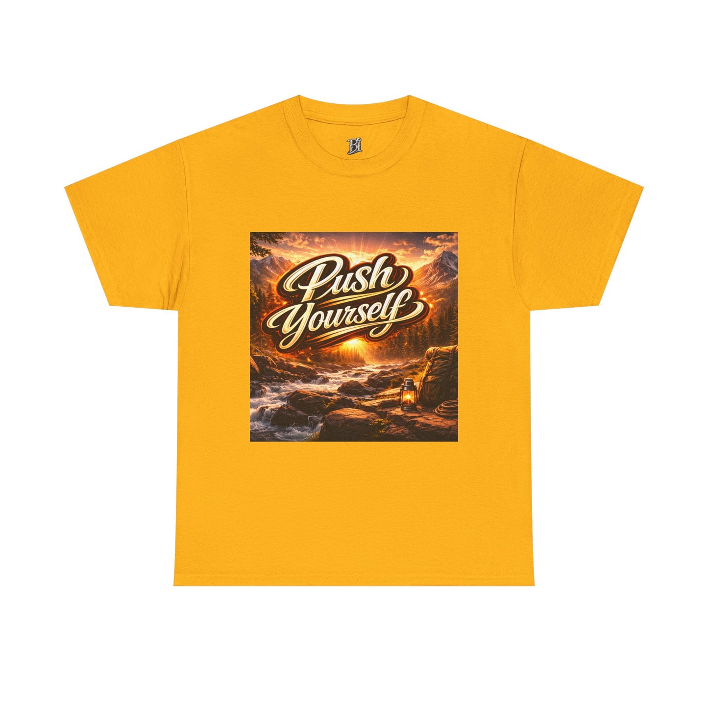 Push Yourself Tee — Motivational Graphic T-Shirt with Sunrise Adventure Print
