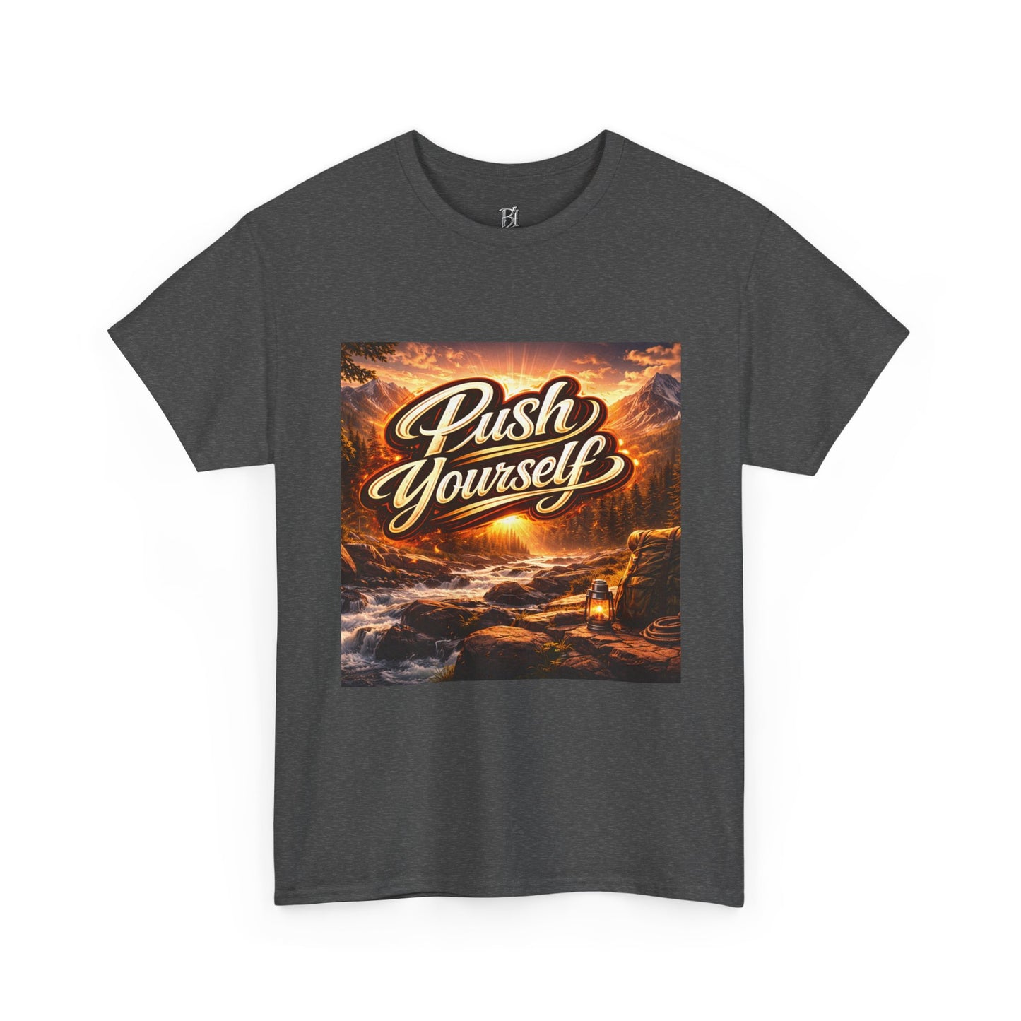 Push Yourself Tee — Motivational Graphic T-Shirt with Sunrise Adventure Print