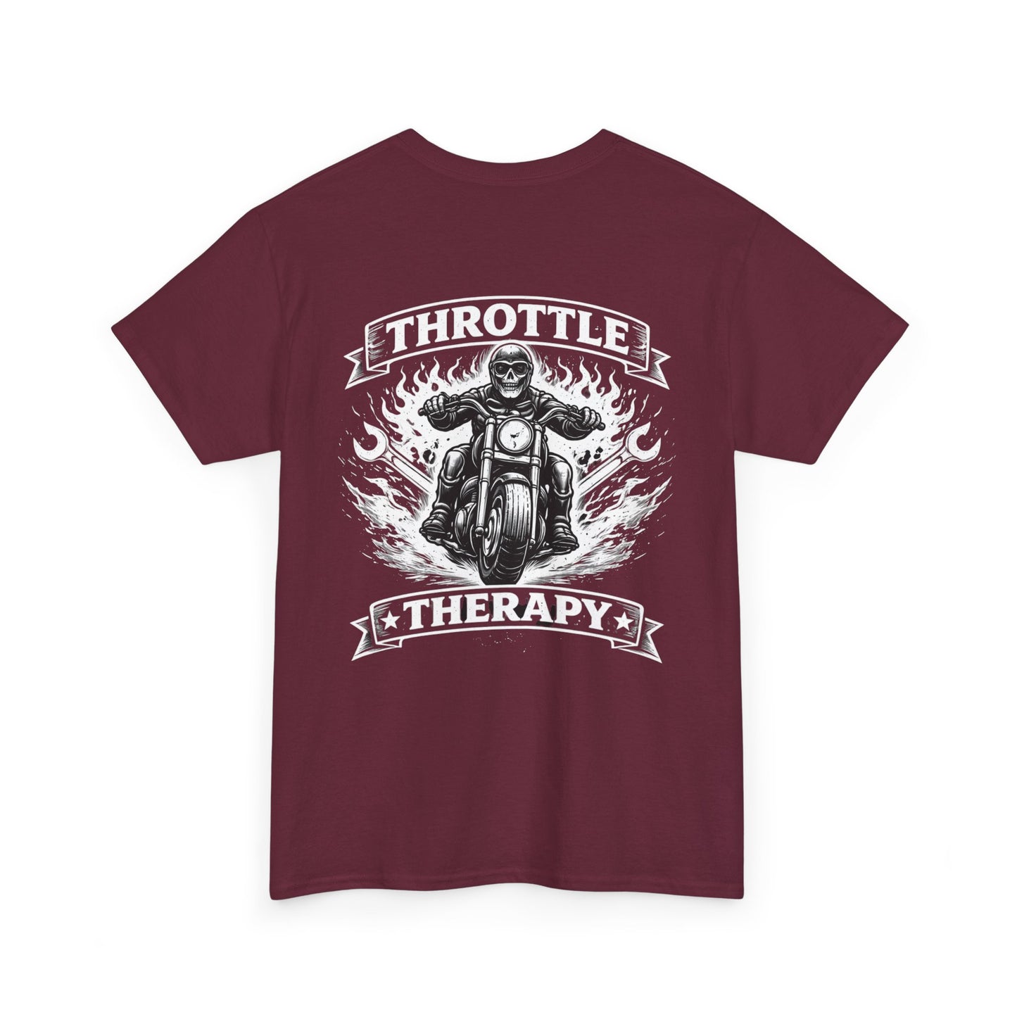 Throttle Therapy Motorcycle T-Shirt — Biker Riding Through Flames Graphic Tee