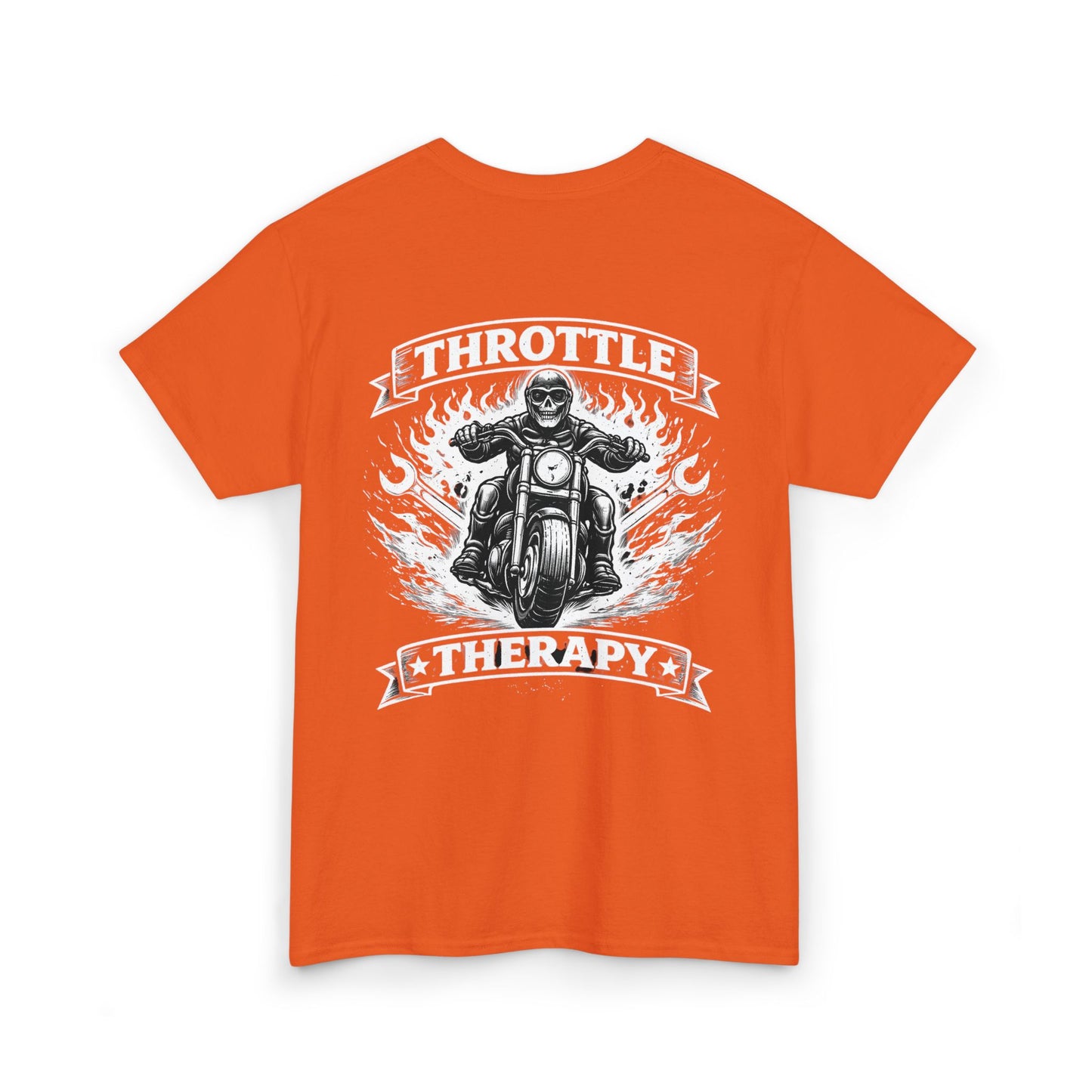 Throttle Therapy Motorcycle T-Shirt — Biker Riding Through Flames Graphic Tee