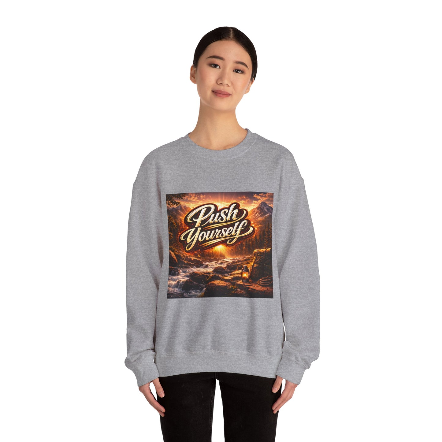 Crewneck Sweatshirt - "Push Yourself" Motivational Scenic Graphic