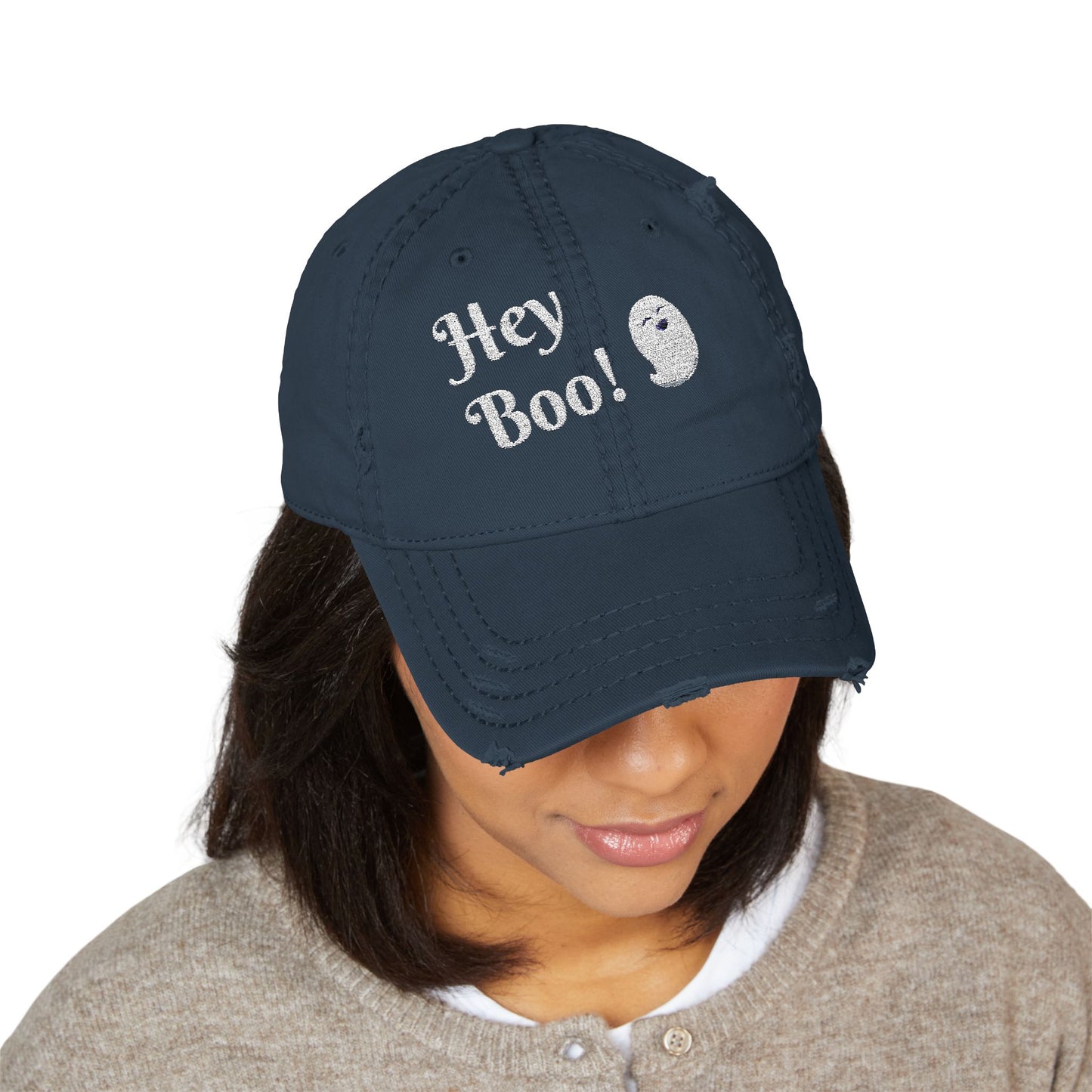 Embroidered Distressed Hat - Hey Boo Cute Ghost Halloween Hat