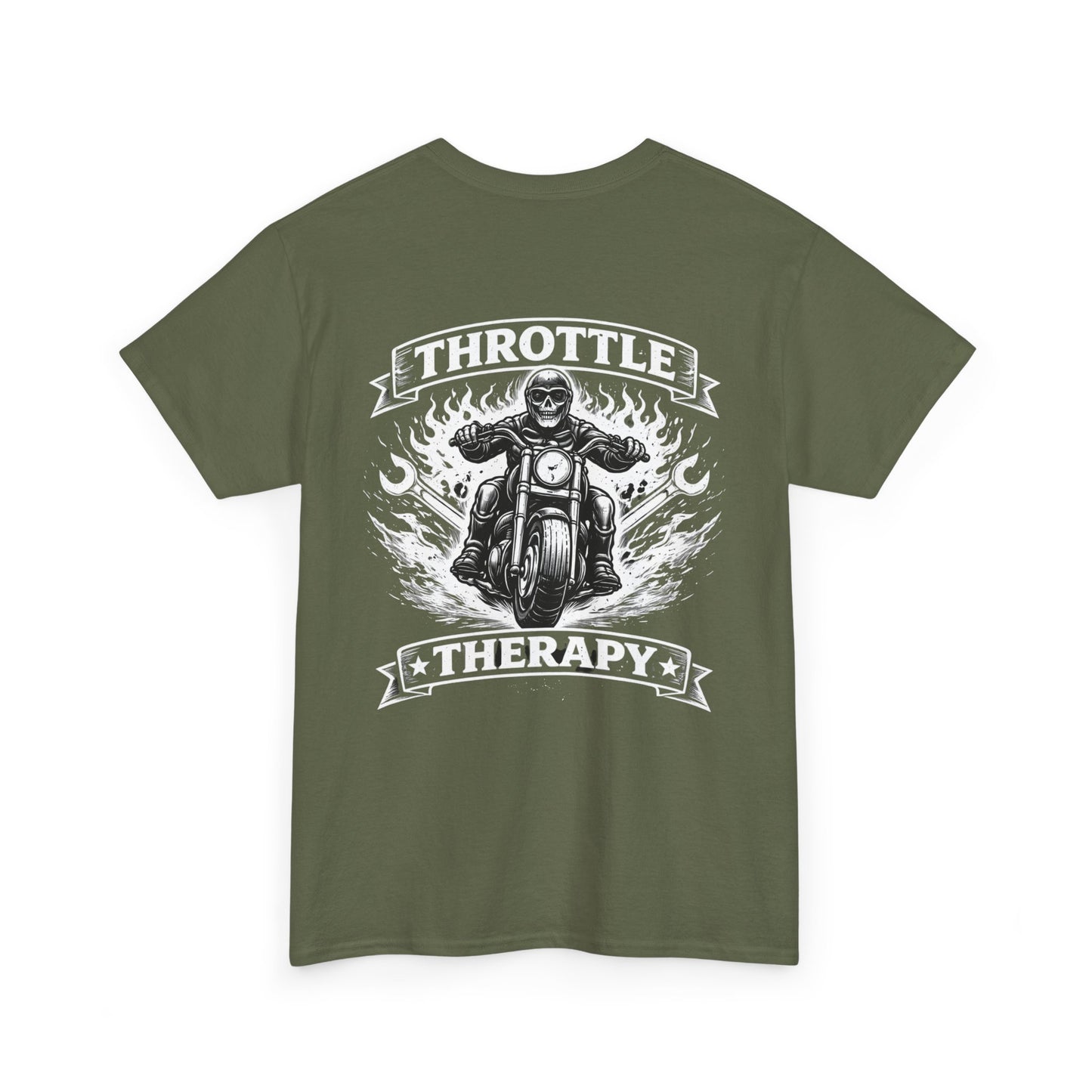 Throttle Therapy Motorcycle T-Shirt — Biker Riding Through Flames Graphic Tee