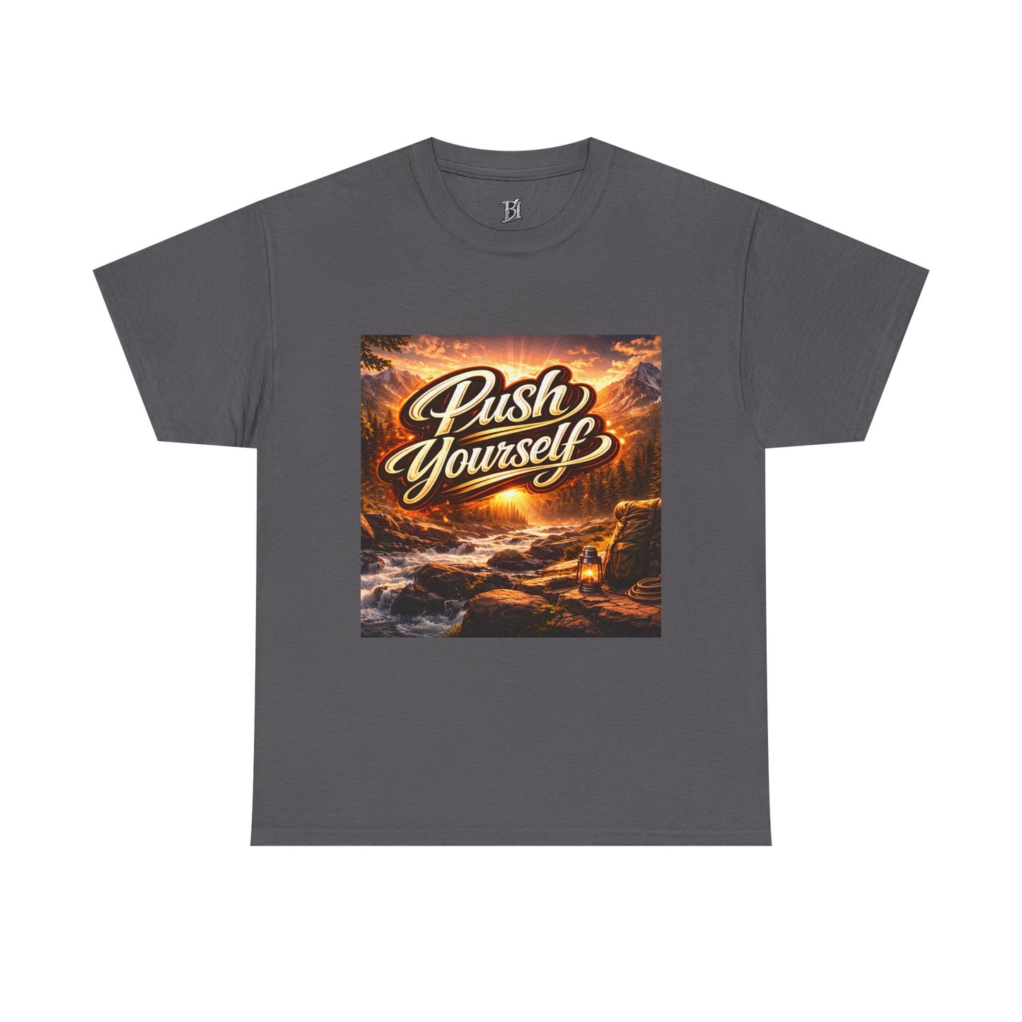 Push Yourself Tee — Motivational Graphic T-Shirt with Sunrise Adventure Print