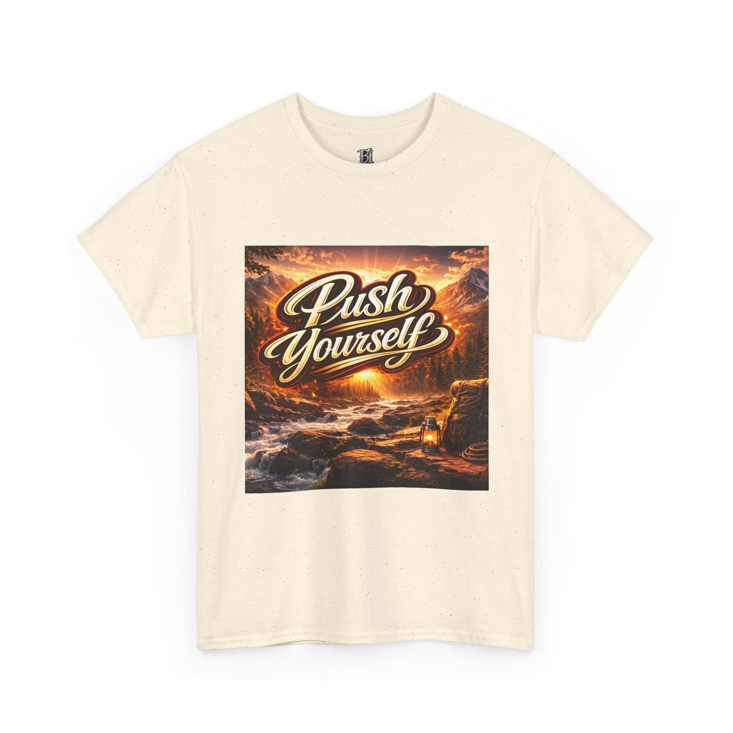 Push Yourself Tee — Motivational Graphic T-Shirt with Sunrise Adventure Print