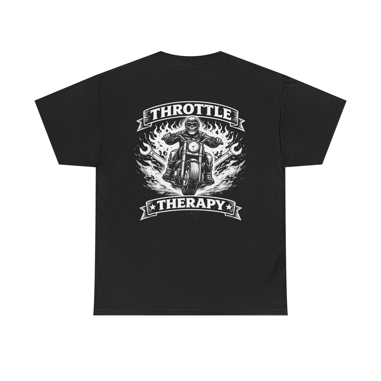 Throttle Therapy Motorcycle T-Shirt — Biker Riding Through Flames Graphic Tee