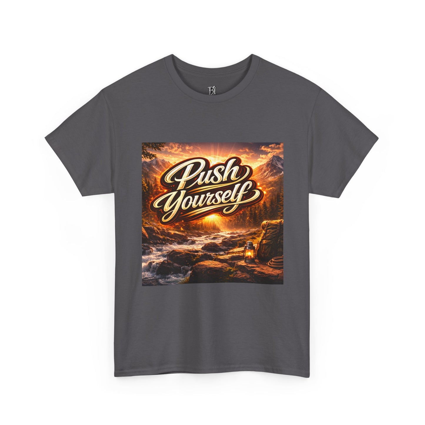 Push Yourself Tee — Motivational Graphic T-Shirt with Sunrise Adventure Print