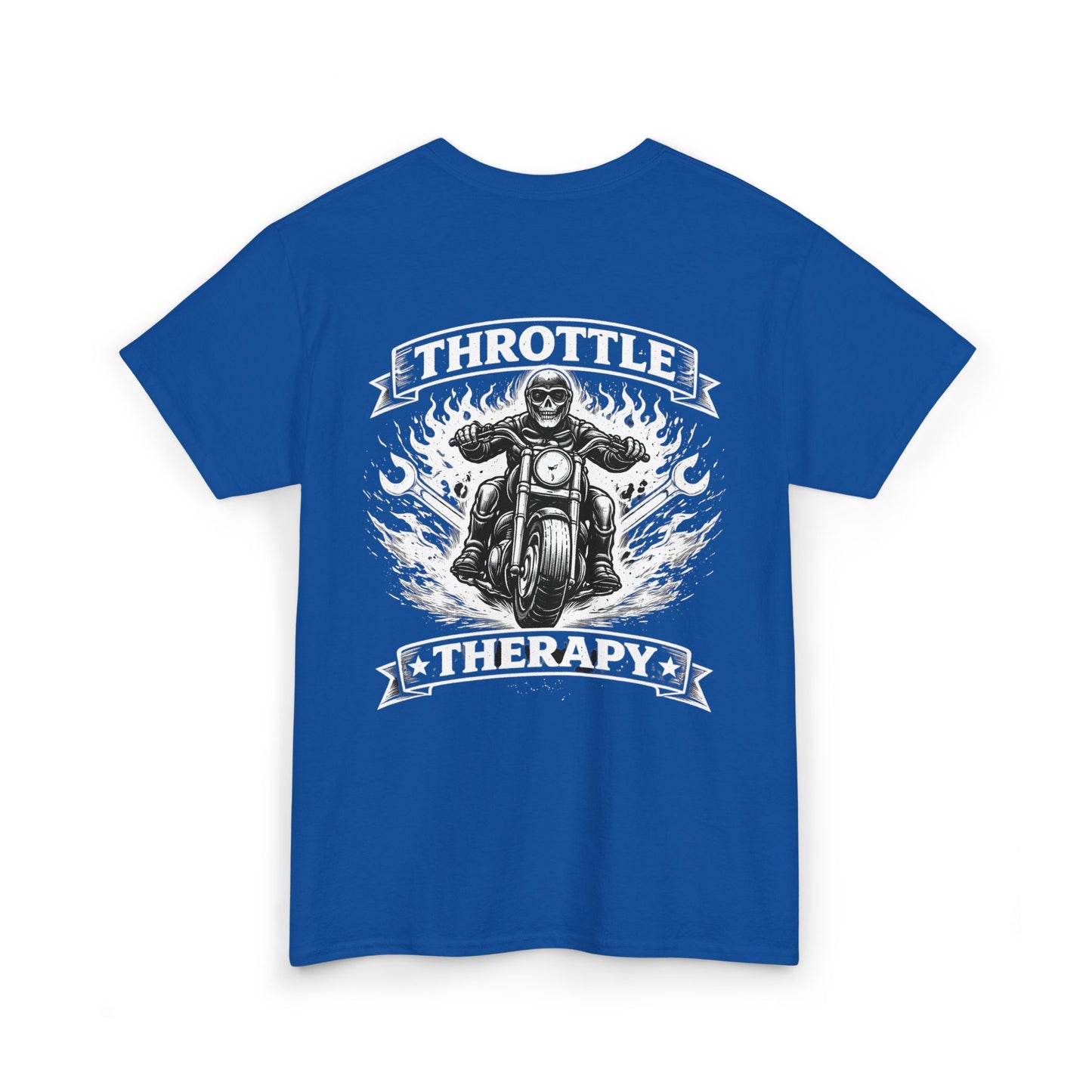 Throttle Therapy Motorcycle T-Shirt — Biker Riding Through Flames Graphic Tee