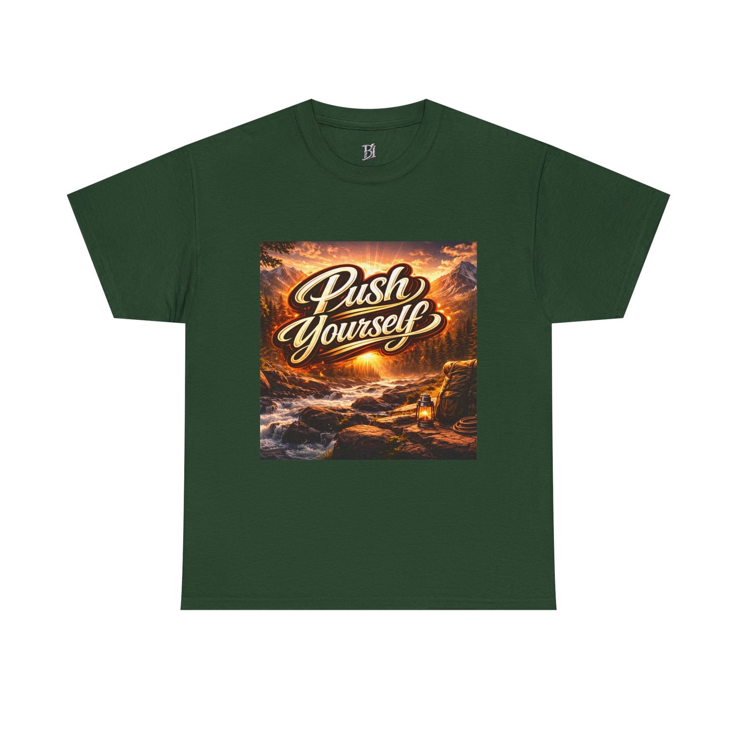 Push Yourself Tee — Motivational Graphic T-Shirt with Sunrise Adventure Print