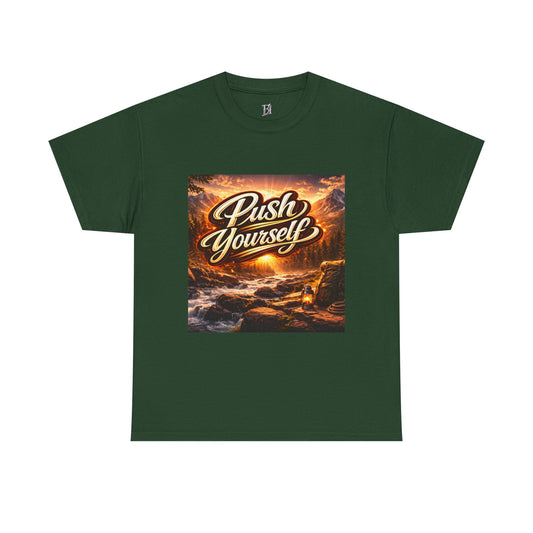 Push Yourself Tee — Motivational Graphic T-Shirt with Sunrise Adventure Print