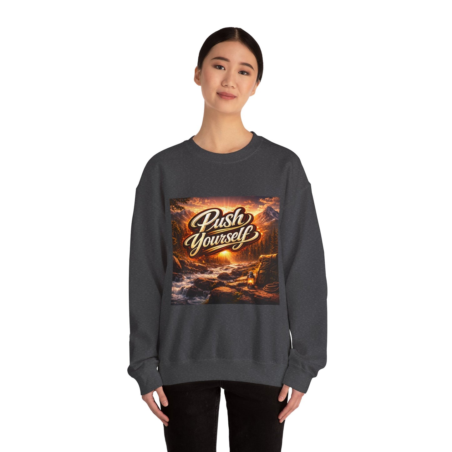 Crewneck Sweatshirt - "Push Yourself" Motivational Scenic Graphic